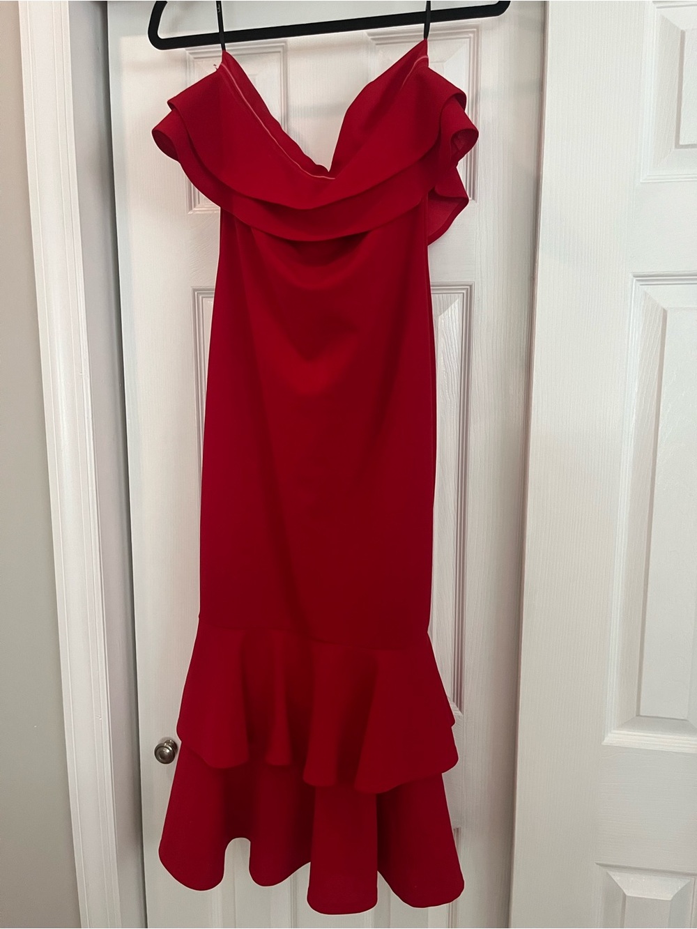 Lulu’s Red Off-Shoulder Ruffle Hem Dress